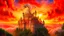 Placeholder: beautiful white, silver, and gold castle sitting on (((sunset colored clouds))), with dragons flying around the castle and the (((beautiful sunset sky))) has a bright shining color