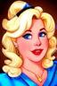 Placeholder: cartoon portrait of a very feminine, sexy busty blonde stewardess in tight blue uniform with big golden hair, strong makeup, big smoky eyes with long lashes, pouty inviting luscious red lips and large golden earrings