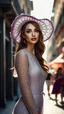 Placeholder: full length beautiful woman with brown hair summer street lace fashion 2025 posing for fashion magazine cover walking on the street with big lace summer hat, Photorealistic, soft facial features, realistic textures, expensive fabrics and accessories, 8k, intricate details, dramatic, vivid contrast, soft facial features, dark purple color theme, distance view, sunlight shining