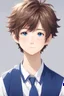 Placeholder: cute and social korean anime boy with short fluffy brown hair and blue eyes with a indigo and white school uniform