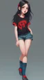 Placeholder: generate a full-length girl with gray-green sad eyes, with dark hair above the shoulders, a round face, not very plump lips, in a black T-shirt with a red print, short shorts, blue socks