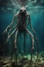 Placeholder: Underwater, closeup legged slimy creature with creepy eyes, fullbody, his skin turned translucent revealing a network of black veins that extended like roots, ragged clothes, , 8k,macro photography,