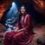 Placeholder: Hyper Realistic Photographic Outside View Of A Gorgeous Pashto Girl (Wearing Simple Burgundy Colored Dress With White Embroidery & Wearing Pink Dupatta On Her Neck) Happily Sitting & Smiling Boldy In A Cave & Showing Her Long Black Hair With Glowing Big Crystals, With Heavy Rain Outside Cave At Dark Night Showing Dramatic & Cinematic Ambiance.