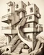 Placeholder: boceto a mano alsada A captivating, surrealist painting of a gravity-defying, Escher-inspired building with multiple perspectives, impossible staircases, and fantastical elements that defy the laws of physics, set within a dream-like landscape.