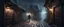 Placeholder: Hyper Realistic man walking between a prehistoric narrow street with ancient wooden houses gates at dark foggy night