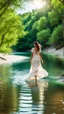 Placeholder: beautiful girl in pretty dress walking in water toward camera in trees next to wavy river with clear water and nice sands in floor.camera capture from her full body front