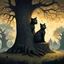 Placeholder: a painting of a cat sitting in front of a tree, a storybook illustration by Gediminas Pranckevicius, featured on deviantart, gothic art, ominous vibe, storybook illustration, dark and mysterious