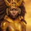 Placeholder: young african woman, short dark hair with golden highlights, ancient ((Egypt)),whole body, ancient armor, lion, golden jewelry, kente, flames as clouds, magnificent, majestic, highly intricate, incredibly detailed, ultra high resolution, complex 3d render,