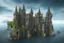 Placeholder: A futuristic ruined gothic building on an island floating over the sea with balconies, verandas, many arches, bridges, spires, paths, trees, dense foliage, spanish moss, ivy, blue sky, white clouds