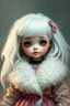 Placeholder: photorealistic impasto impressionist digital oil painting of a vintage styled cartoonish high Brats doll, white hair, puffy coat, ethereal