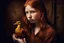 Placeholder: Beautiful golden red hair girl holding duck portrait in ochre, moody, somber, desaturated colors