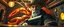 Placeholder: air brush 3d with pen outline,full figure seasoned handsome gunslinger western fluffy elder edgy hero with slightly glowing eyes in front of glistening space lobster dog, shallow depth of field, warm lantern, pin hole cam in doll house space ship, bottom floor board edge border