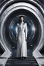 Placeholder: photorealistic slim woman looking and dressing like Drusilla standing at the entrance to a spaceship