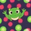 Placeholder: Night scene. A green frog smiling, smiling with teeth, happy, fun. Night. Colorful market. Dark. Black. festival lights. Japanese lanterns. sparkle. Bokeh, fisheye. party. confetti. playful. dance. Saturated.