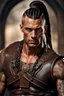 Placeholder: portrait of a 35 year old Handsome muscular warrior with lightly tanned skin and tattoos and dark braided hair. photorealistic