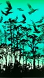 Placeholder: Dark cyan treetops with birds painted by Andy Warhol