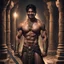 Placeholder: Hyper Realistic shirtless muscular handsome short black hair Indian King smiling & holding sword in a huge dark catacombs with traditional pillars at night