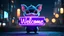 Placeholder: a cute magical creature holding a purple neon sign that says "Welcome", cinematic, dark colors, a city in the background, bokeh, Unreal Engine