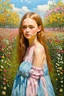Placeholder: Lily-rose Depp, long hair, flower garden, , in the style of pissarro oil painting