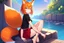 Placeholder: Girl, fox ears, one big fox tail, orange hair, red skirt, river, fox foot , sit on the shore, purple fox eyes, black T-shirt, wet, happy,