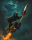 Placeholder: Bosch painting style ,nightmare, Scary hooded creature riding and holding with both hand a rocket dropped from the sky as seen on twilight’s zone