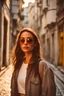 Placeholder: A photo of a brunette athletic student in large sunglasses in an alley in Istanbul at sunset, wearing natural makeup.