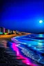 Placeholder: Vibrant colors moon beach bright light seaside city in the distance