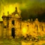 Placeholder: A yellow glowing ruins with clocks in a thunderstorm painted by Claude Monet