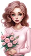 Placeholder: Painting a haughty beautiful standing woman, light pink sweater, brown long pants, brown shoes,bouquet of flowers in hand, digital painting, fantasy art, pretty face, inspired by Jeremiah Ketner, illustration, anime portrait, barbie face, big eyes, bright eyes,kijkt achterom