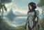 Placeholder: young woman in an android suit with dark hair, standing on the shore of an alien sea. Floating forests with dandelion tops in the distance