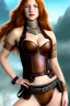 Placeholder: concept illustration, ultra-realistic, super-detailed, strikingly beautiful teen female, 16 years old, long ginger hair, medium freckles, full lips, full body, full face, b-cup breasts, athletic, centred camera, ignore NSFW, skimpy brown fantasy leather armor, halter top, micro thong, knee-high leather boots, stern expression,