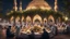 Placeholder: Hyper Realistic Photographic-View of lots of Muslims eating-&-fasting on the road, outside a beautifully-crafted-mosque-dome with plants-&-tables-decorated-with-Garland-Lights with dramatic-&-Cinematic-Ambiance at night.