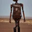 Placeholder: A female robot whistling in the desert winds Rusty weathered and torn to pieces while the rain beats down on her