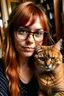 Placeholder: girl with ginger hair in a fringe with glasses and a septum piercing holding a tabby cat with wonky eyes