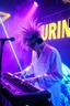 Placeholder: French cool synth player with crazy techno acid hair, he is called "Jean-Maurice Brûlée" performing at dance club, his name is "Jean-Maurice Brûlée" , white and purple Neon lights and purple smog, yellow shower rain, and "URINIUM" big sign on the wall, he is playing on synthesizers on stage with lot of laser beams and wearing black sunglasses, an earth is projected in background