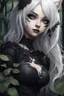 Placeholder: CAT GIRL, goth, forest, nature, cartoon, leaves, boobs, portrait, colour image, white hair