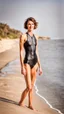 Placeholder: beautiful anorexic woman, standing frontal, full body shot, short shiny triathlon swimsuit, wavy bob haircut, photographed on the beach, raw