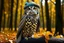 Placeholder: Owl wearing a knitted hat and shawl in the autumn forest