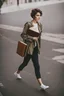 Placeholder: portrait pint of color photo of a student girl 22 years old ,short hair with her books in her hand walking in street,next to trees.close up