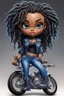 Placeholder: create an airbrush illustration of a chibi cartoon voluptuous black female wearing a blue jean outfit with biker boots. Prominent make up with hazel eyes. Extremely highly detail of a twisted dreadlocks. Background of a bike show.