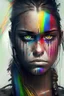 Placeholder: Beautiful girl with rainbow eyes, warrior, strong, sad, resilient, full body head to toe.