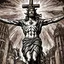 Placeholder: crucified on the cross christ liberty hybrid tone, woodcut, engraved, wall street journal style, statue of cruicified Jesus of Liberty with a beard and wearing a cross and hanging from a cross, The statue male, hyperdetailed intricately detailed photoillustration ink drawing dystopian 8k resolution entire body of the statue is in the picture. digital illustration telephoto lens photography , same colors as the us treasury's one dollar bill, crucified"