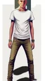 Placeholder: Teen man, blond hair, perfect face, style of tomer hanuka, jeans, white, t-shirt, pompadour