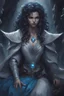 Placeholder: Dnd character on her knees. In a dark cave. A female Moonelf twilight cleric with black curly hair and blue eyes, wearing gray robes. Etheral, muscular, beautiful