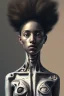 Placeholder: a painting of a young woman, by giacometti, textured, anatomically correct, beautiful perfect face, black skin, long curly hair, sharp focus, highly detailed. desolate background. the royal tenenbaums aesthetic