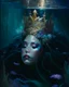 Placeholder: an ethereal and dark, impressionist-style portrait of a queen submerged in dark waters, hair covering his face, queen with her back, crown at the head, many jewels underwater, using soft, fluid brushstrokes and a dreamy color palette to convey the weightlessness and tranquility of being underwater.