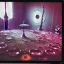 Placeholder: Close up polaroid photography of spooky room, eerie, table, Max Ernst, colored powder, Yves Tanguy, hypnotic, giant flowers, volumetric light, colors, details of the table very accentuated, filthy pieces of dismebered body, strong contrasts and dynamism