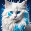 Placeholder: make a image with a splash cat, white long fur, splash paint in different colors two very blue eyes, splash fur splash all over the background