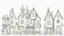 Placeholder: A technical front view pencil drawing of a row of dilapidated fantasy houses of different heights.