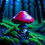 Placeholder: "Close up of a wonderful tiny Mushroom Tower home. Red and indigo with bright white, deep black and contrasting tones of gray magenta and violet colors. Illuminated bioluminescent forest. Professional painter, master at composition. small but detailed. broken, blurred background, voluminous lighting"